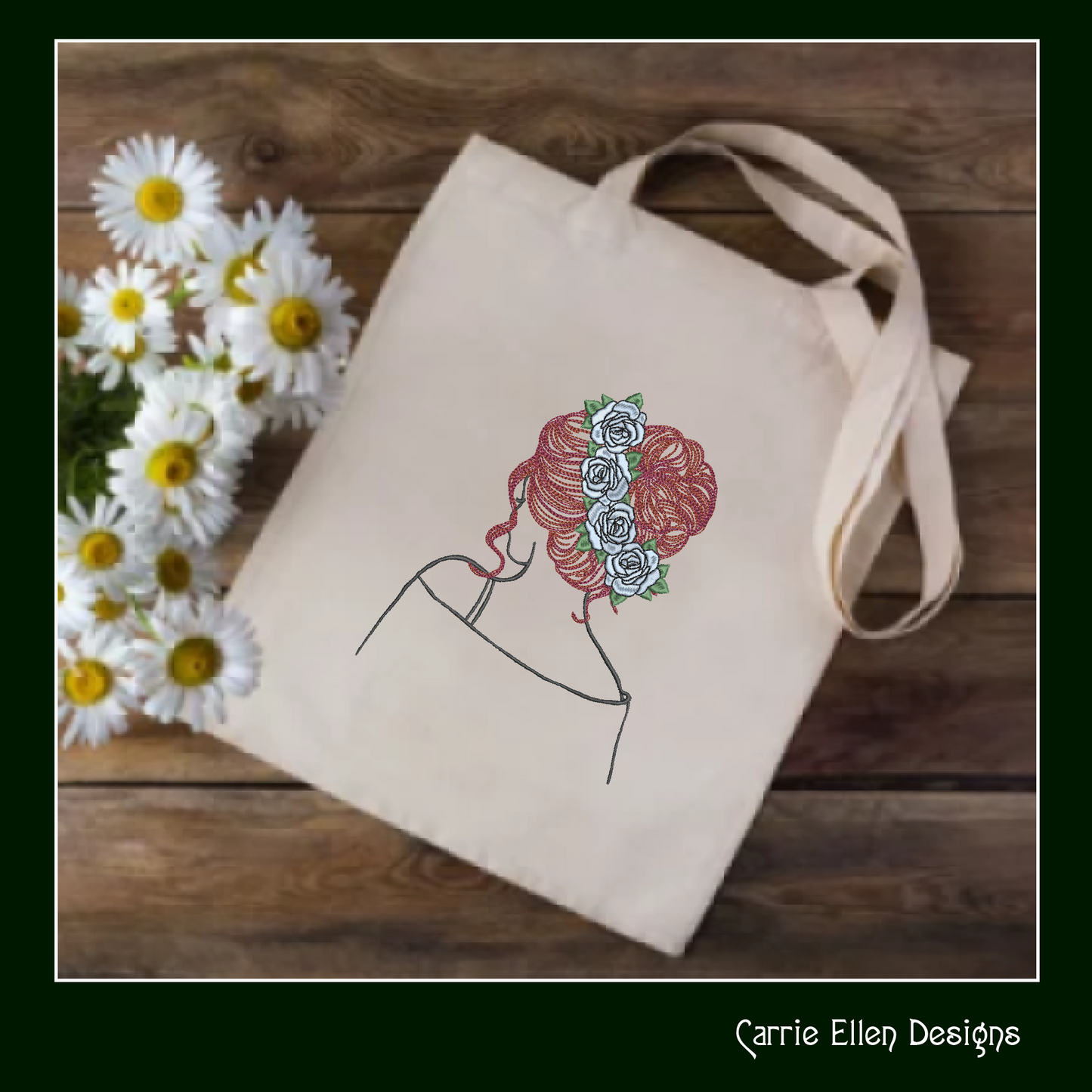Lady with Roses Machine Embroidery Design – Elegant Woman Sketch Art, 6 Sizes (1243)