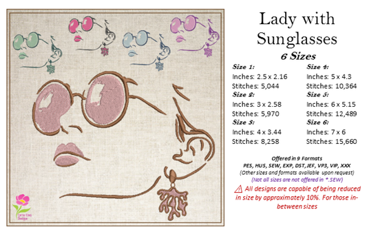 Lady with Sunglasses Machine Embroidery Design – Fashionista Art Woman Embroidery Pattern, 6 Sizes (0520)