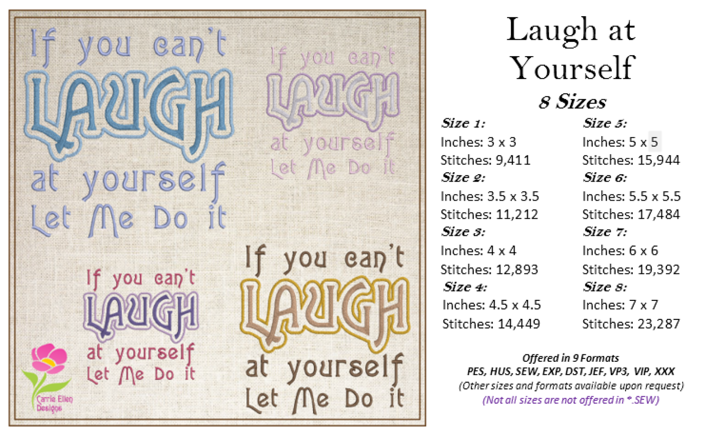 If You Can’t Laugh at Yourself Machine Embroidery Design Saying, Funny Embroidered Sayings Design, 8 Sizes (0393)