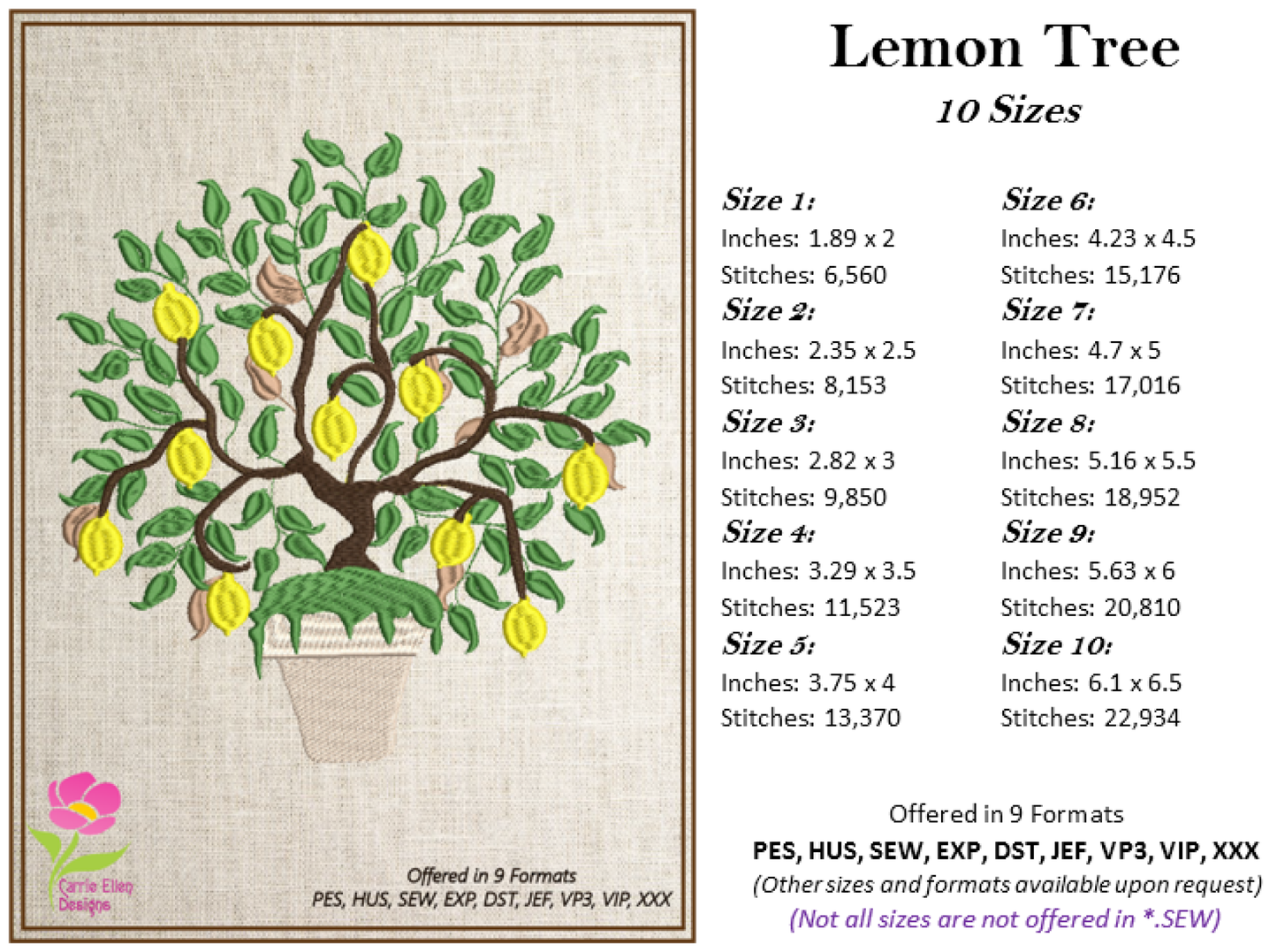 Lemon Tree Machine Embroidery Design | Fruit Tree Pattern | Home & Garden Potted Plant Embroidery | 10 Sizes (0600)