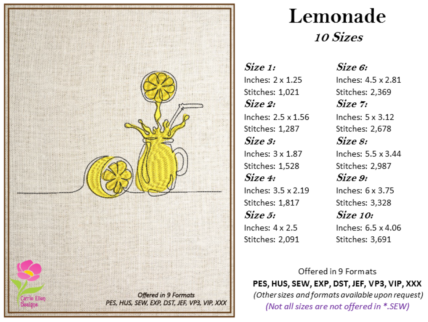 Lemonade Machine Embroidery Line Art Design – Summer Lemon Fruit Pattern, Refreshing Citrus Embroidery, Sour & Tart Design, 10 Sizes (0457)