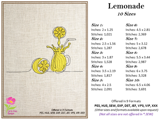 Lemonade Machine Embroidery Line Art Design – Summer Lemon Fruit Pattern, Refreshing Citrus Embroidery, Sour & Tart Design, 10 Sizes (0457)