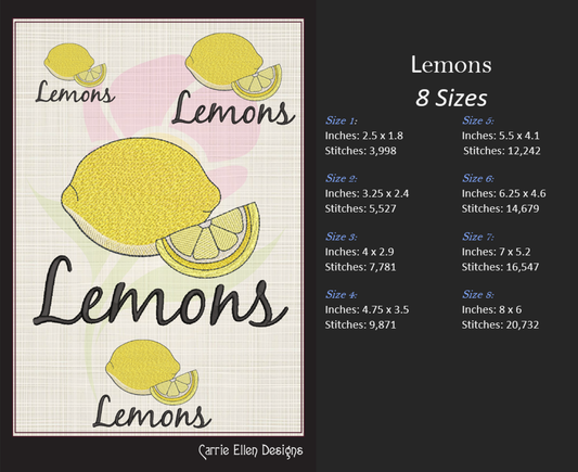 Lemon Machine Embroidery Design Bundle | Summer Citrus Fruit Digital Embroidery | 3 Designs, 8 Sizes Each (0975)