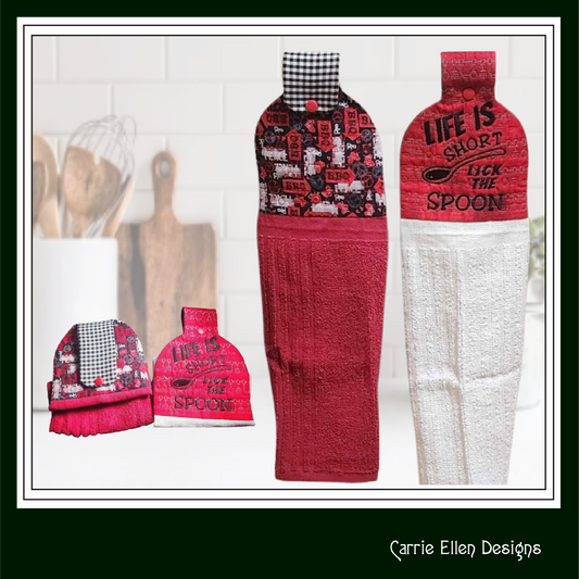 Lick The Spoon ITH Towel Topper Machine Embroidery Design Saying, Kitchen Theme In The Hoop Towel Holder (2564)