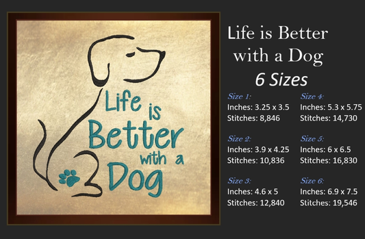 Life is Better with a Dog Machine Embroidery Design, Dog Embroidery Design, Embroidered Sayings Design, 6 Sizes (0388)