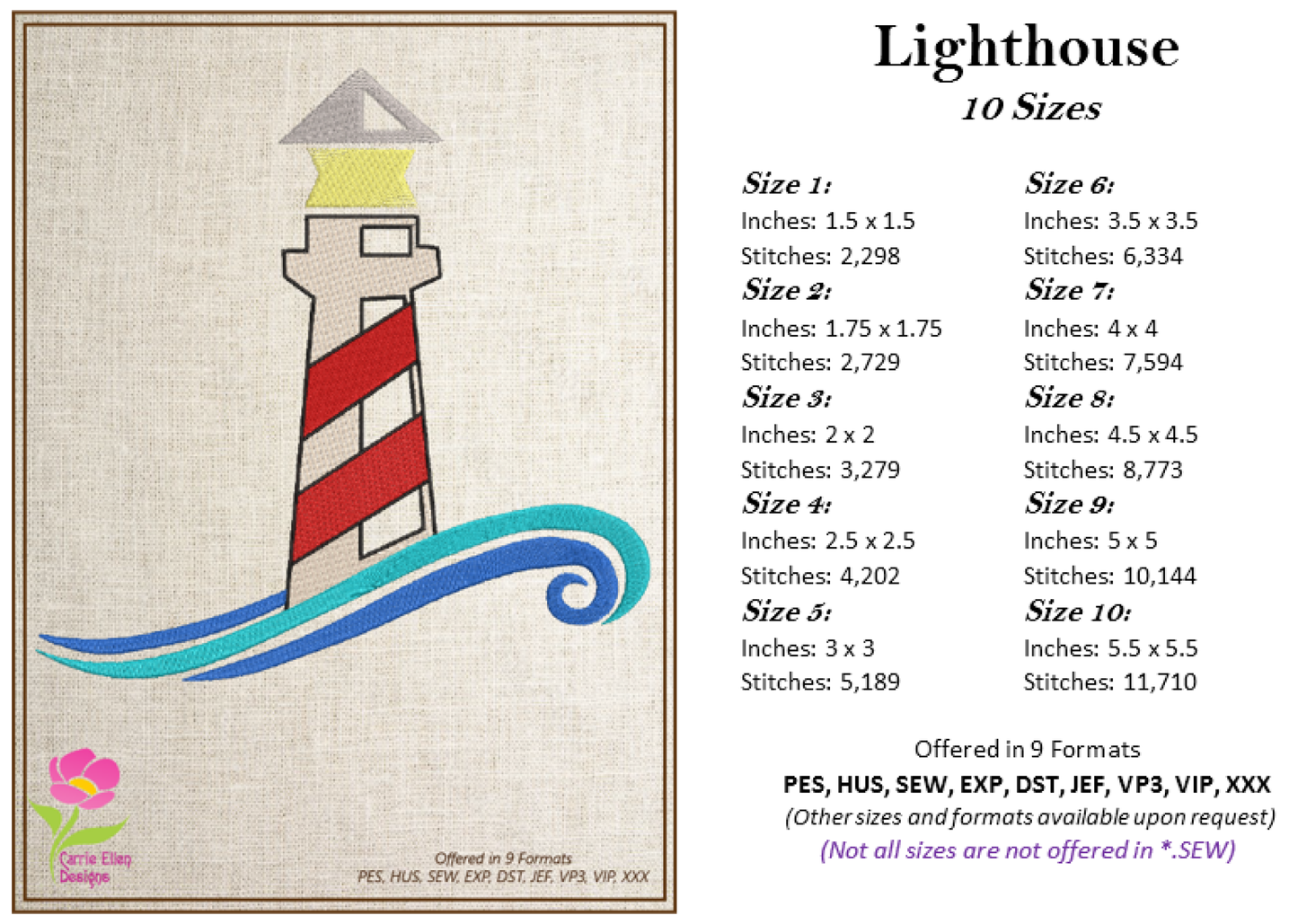 Lighthouse Machine Embroidery Design – Coastal Island Seaside Landscape – 10 Sizes (0282)