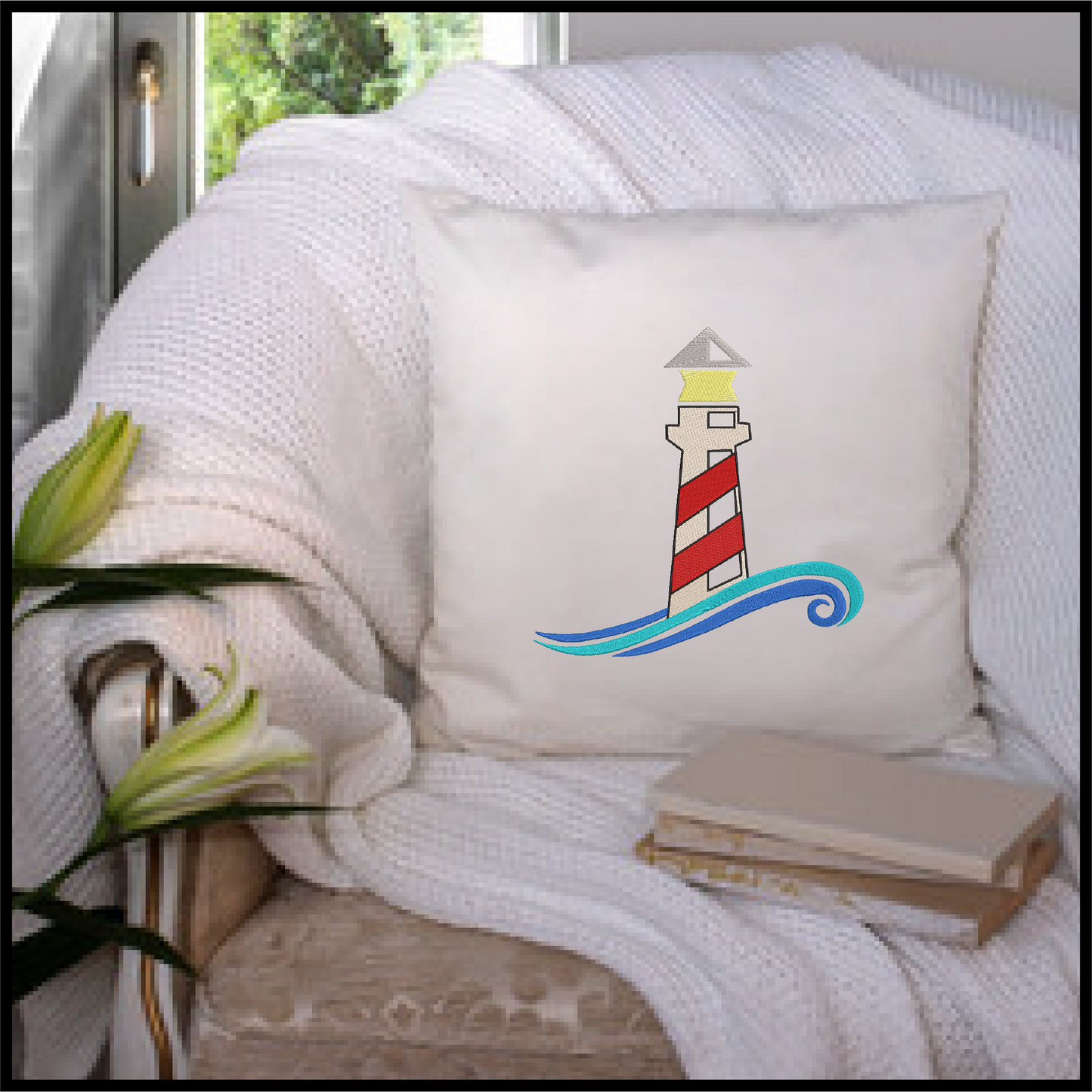 Lighthouse Machine Embroidery Design – Coastal Island Seaside Landscape – 10 Sizes (0282)