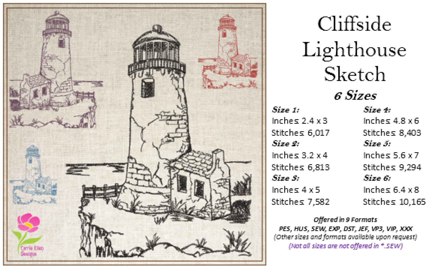 Lighthouse Embroidery Design | Cliffside Lighthouse Sketch | Coastal Island Machine Embroidery | 6 Sizes (0690)