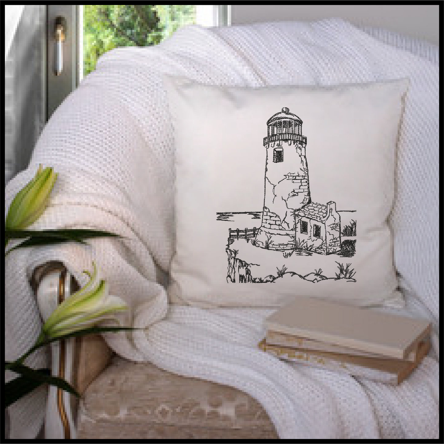 Lighthouse Embroidery Design | Cliffside Lighthouse Sketch | Coastal Island Machine Embroidery | 6 Sizes (0690)
