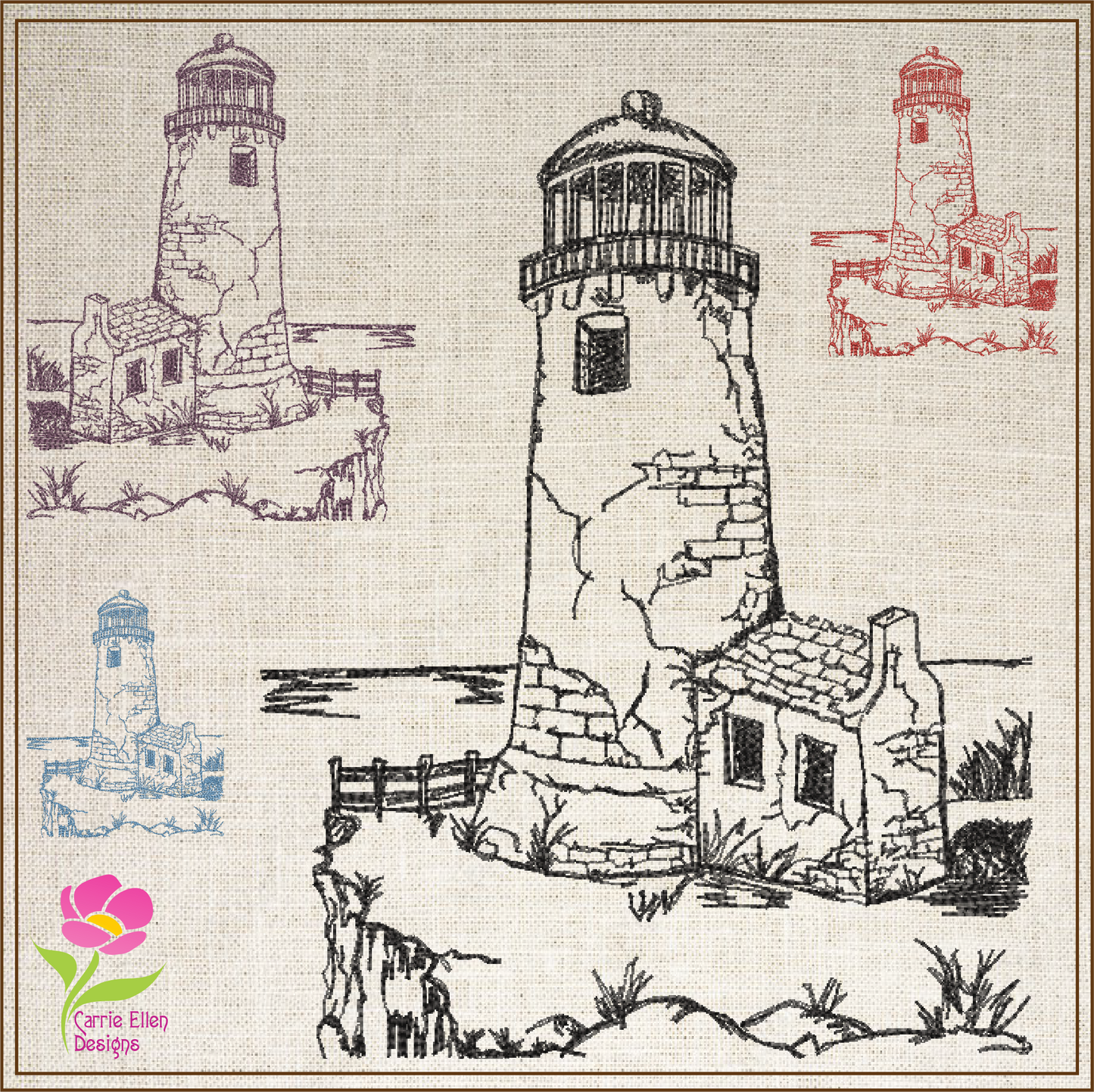 Lighthouse Embroidery Design | Cliffside Lighthouse Sketch | Coastal Island Machine Embroidery | 6 Sizes (0690)