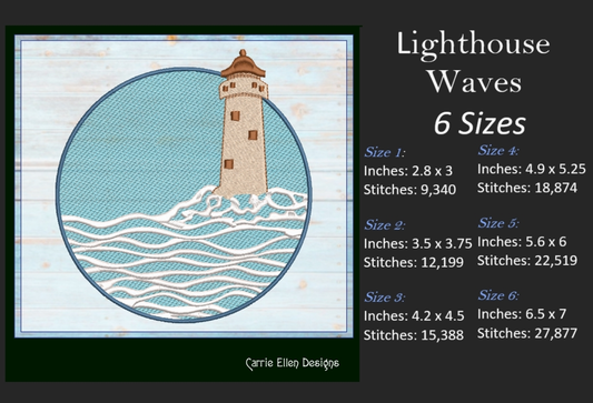 Lighthouse Machine Embroidery Design – Coastal Lighthouse Island with Waves, Seaside Landscape, 6 Sizes (1691)