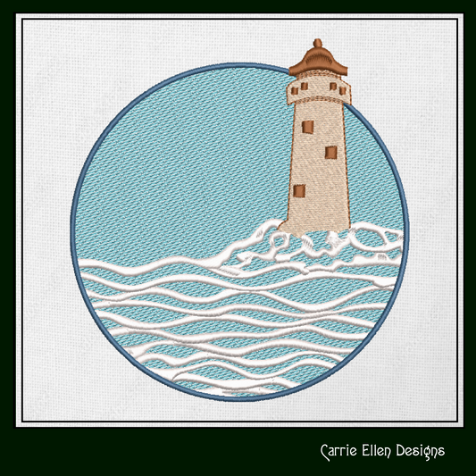 Lighthouse Machine Embroidery Design – Coastal Lighthouse Island with Waves, Seaside Landscape, 6 Sizes (1691)