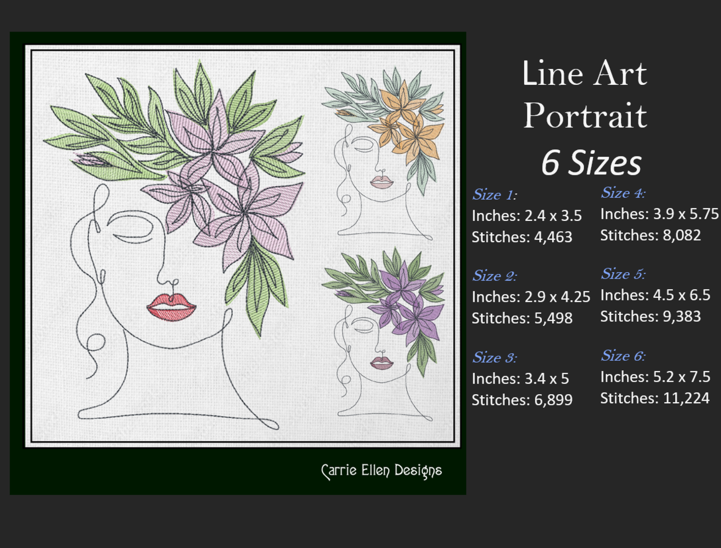 Woman Line Art Portrait Machine Embroidery Design | Lady with Flowers in Hair | Artistic Embroidery Pattern | 6 Sizes (1701)