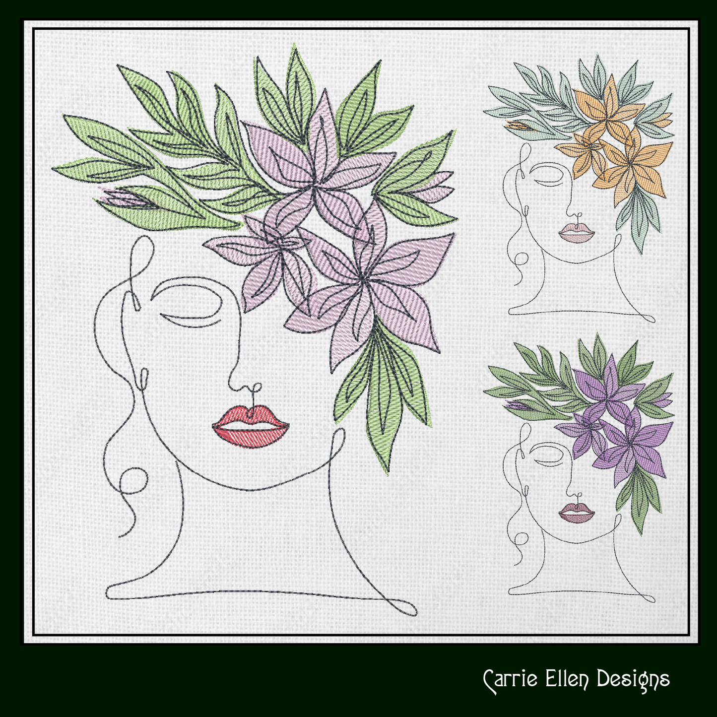 Woman Line Art Portrait Machine Embroidery Design | Lady with Flowers in Hair | Artistic Embroidery Pattern | 6 Sizes (1701)
