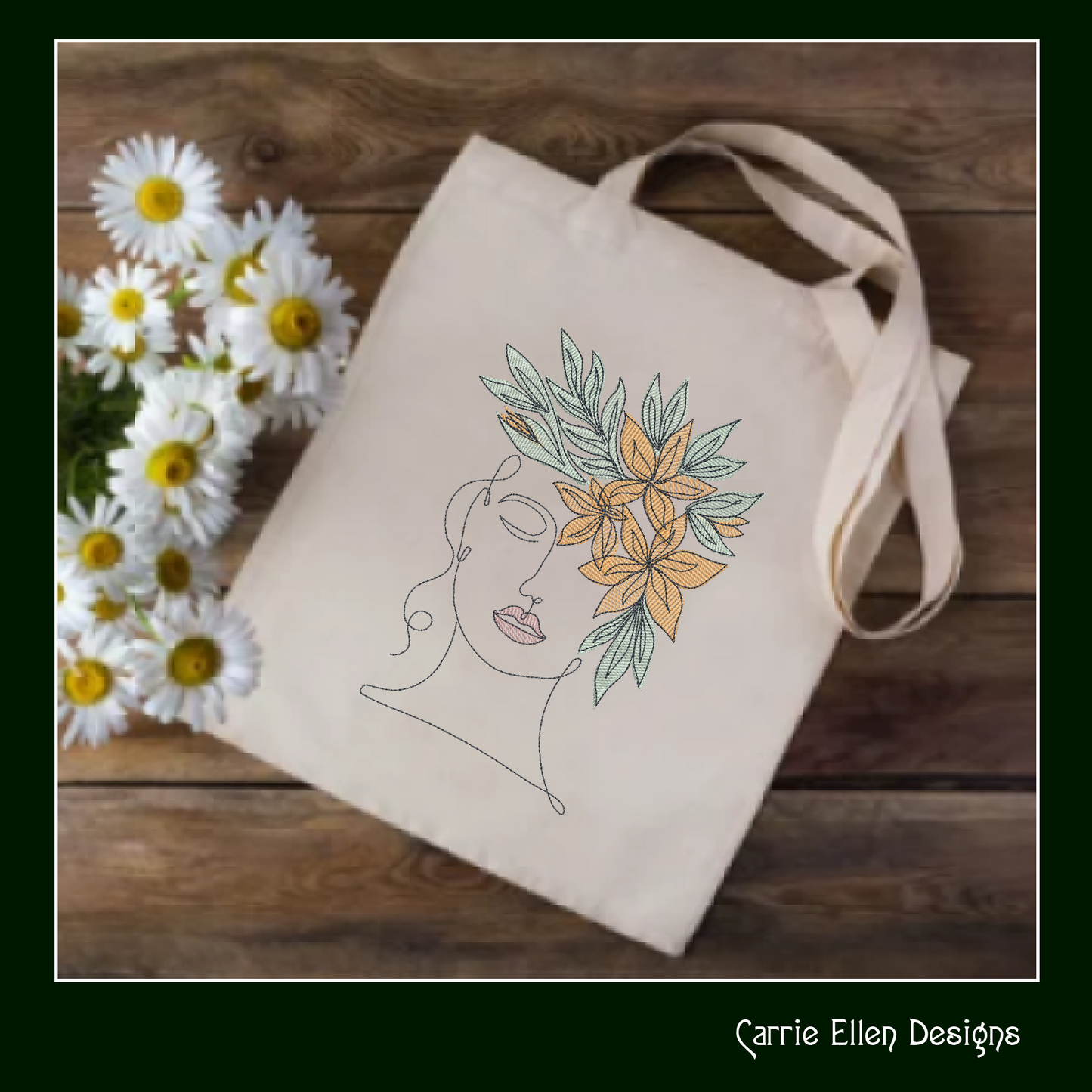 Woman Line Art Portrait Machine Embroidery Design | Lady with Flowers in Hair | Artistic Embroidery Pattern | 6 Sizes (1701)
