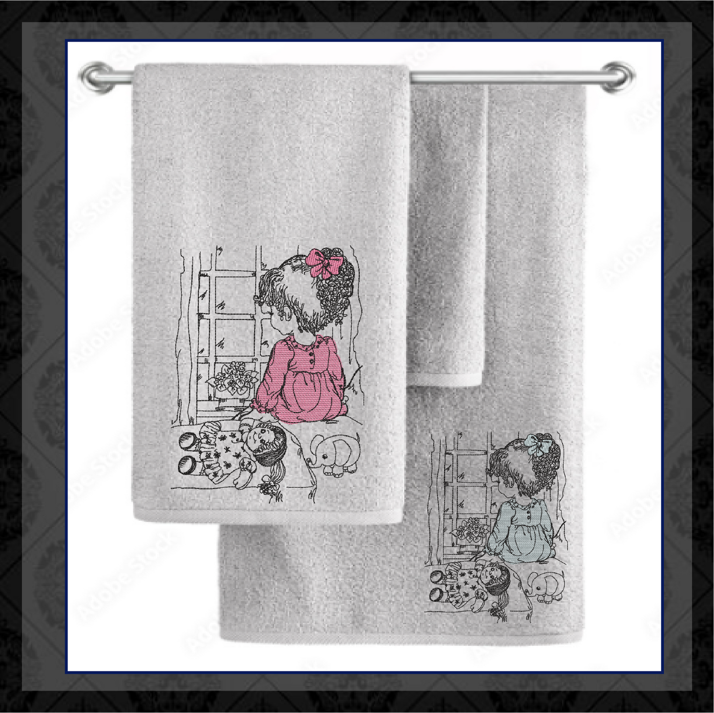 Little Girl Waiting Machine Embroidery Design | Girl Sitting in Window Sketch | Child with Doll Embroidery | 6 Sizes (0729)