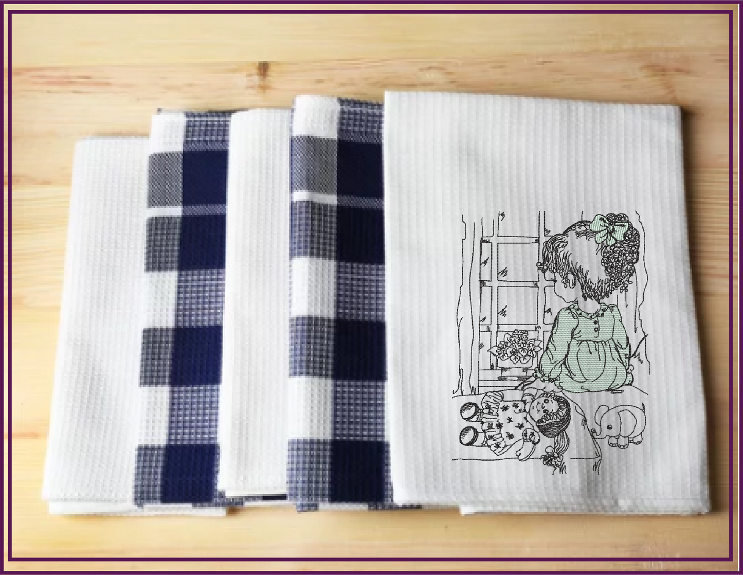 Little Girl Waiting Machine Embroidery Design | Girl Sitting in Window Sketch | Child with Doll Embroidery | 6 Sizes (0729)