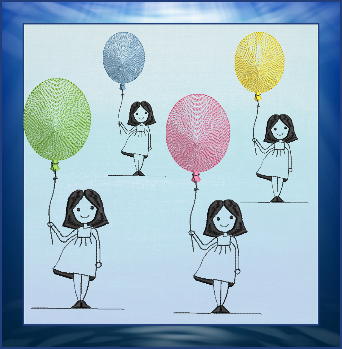 Little Girl with Balloon Machine Embroidery Design – Birthday Girl Embroidery – Cute Kids Outline Sketch – 8 Sizes (0233)