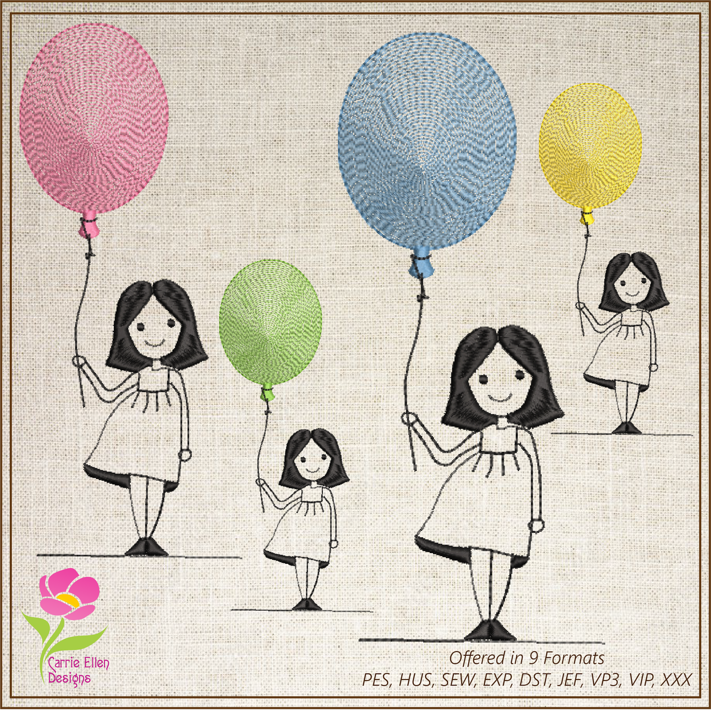Little Girl with Balloon Machine Embroidery Design – Birthday Girl Embroidery – Cute Kids Outline Sketch – 8 Sizes (0233)