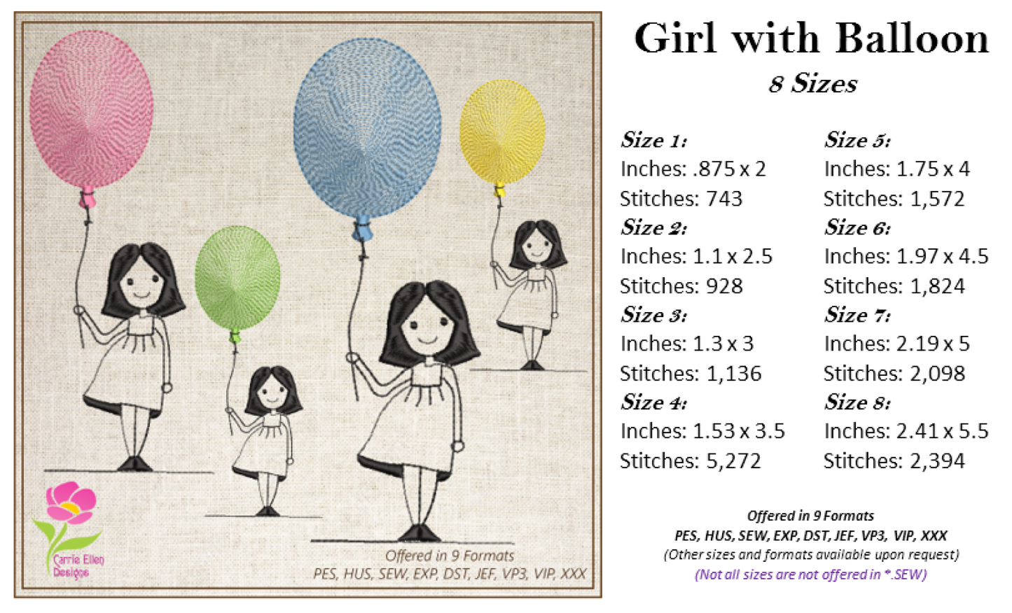 Little Girl with Balloon Machine Embroidery Design – Birthday Girl Embroidery – Cute Kids Outline Sketch – 8 Sizes (0233)