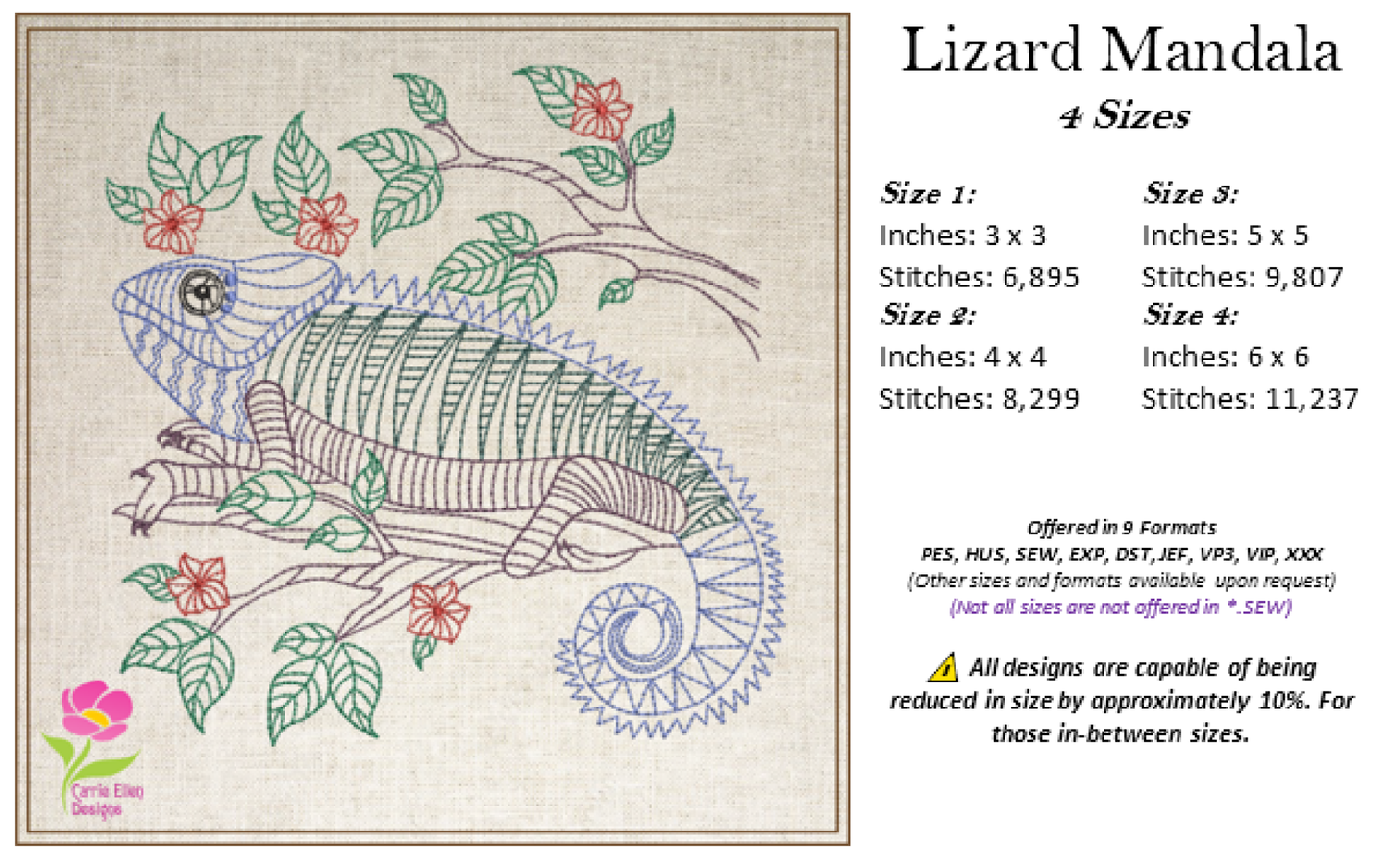 Lizard Mandala Machine Embroidery Design, Chameleon Wildlife Line Art Animal Design, 4 Sizes (0428)