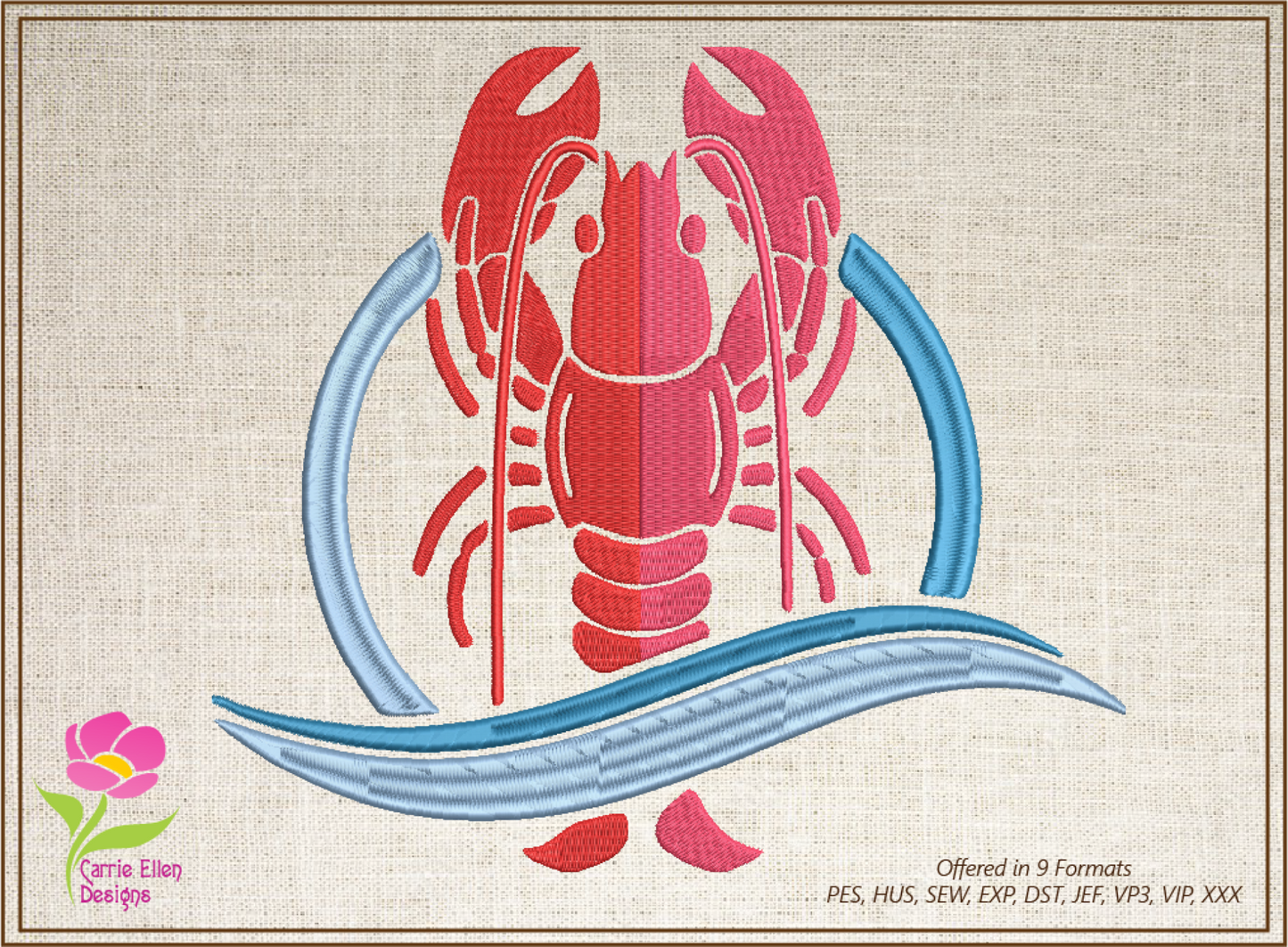 Lobster Machine Embroidery Design – Red Lobster Design – Bib or Kitchen Embroidery – 10 Sizes (0206)