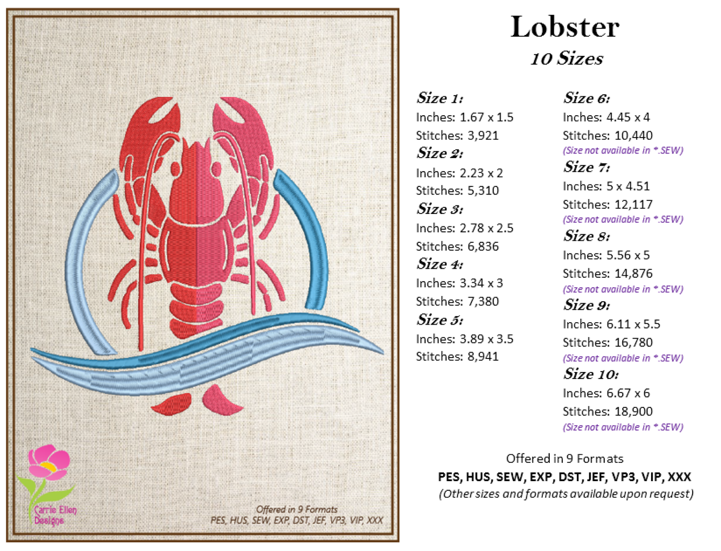 Lobster Machine Embroidery Design – Red Lobster Design – Bib or Kitchen Embroidery – 10 Sizes (0206)
