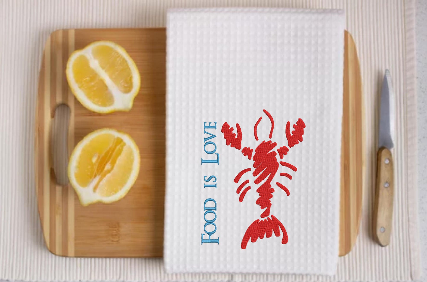 Lobster Machine Embroidery Design – Red Lobster "Food is Love" Bib Design – Kitchen or Seafood Embroidery – 10 Sizes (0207)