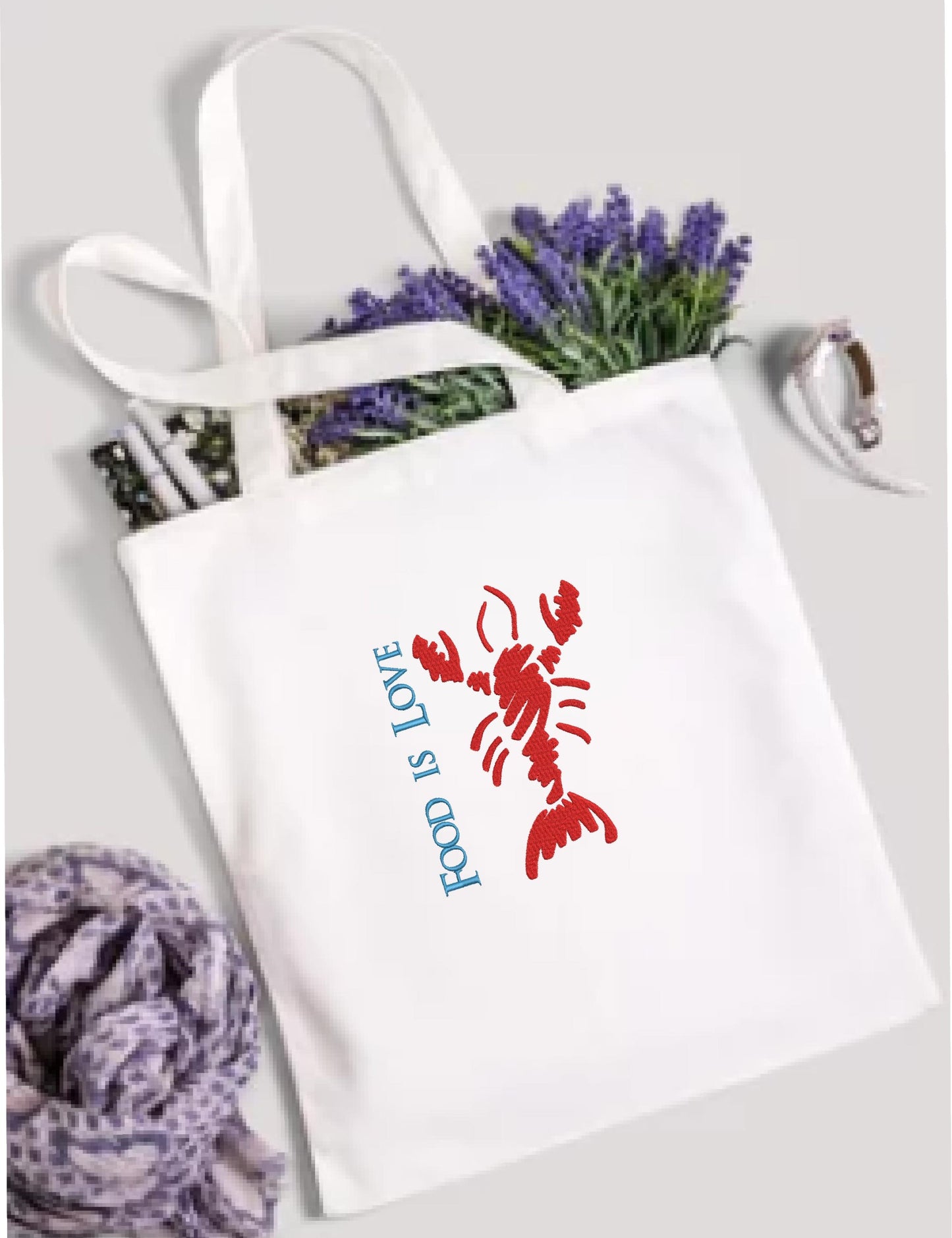 Lobster Machine Embroidery Design – Red Lobster "Food is Love" Bib Design – Kitchen or Seafood Embroidery – 10 Sizes (0207)