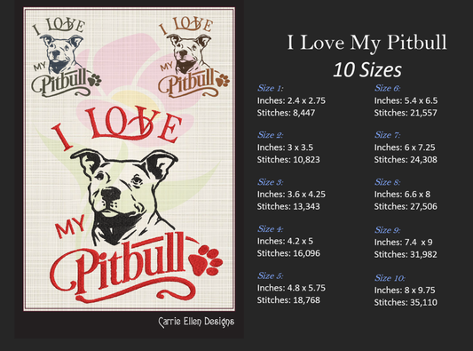 I Love My Pitbull Machine Embroidery Design, Dog Design, American Pit Bull Terrier, Pet Embroidery, 10 Sizes (0280)