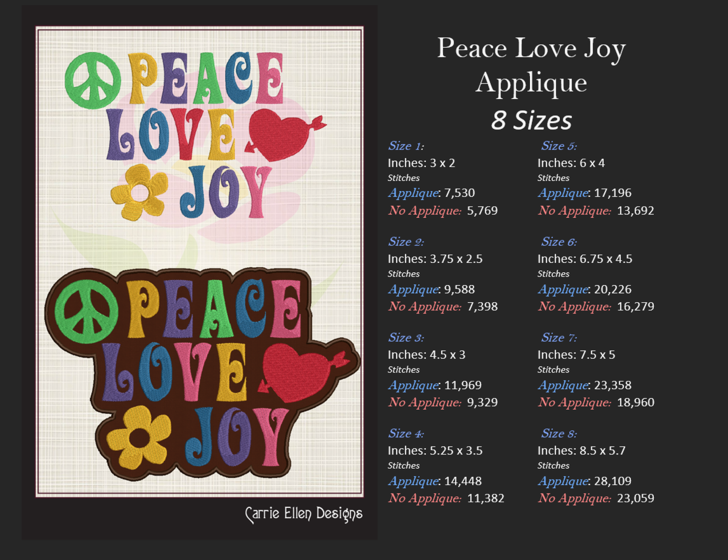 Peace Love Joy Applique Machine Embroidery Design – Hippie 70s Retro Vintage Boho Design (1008)