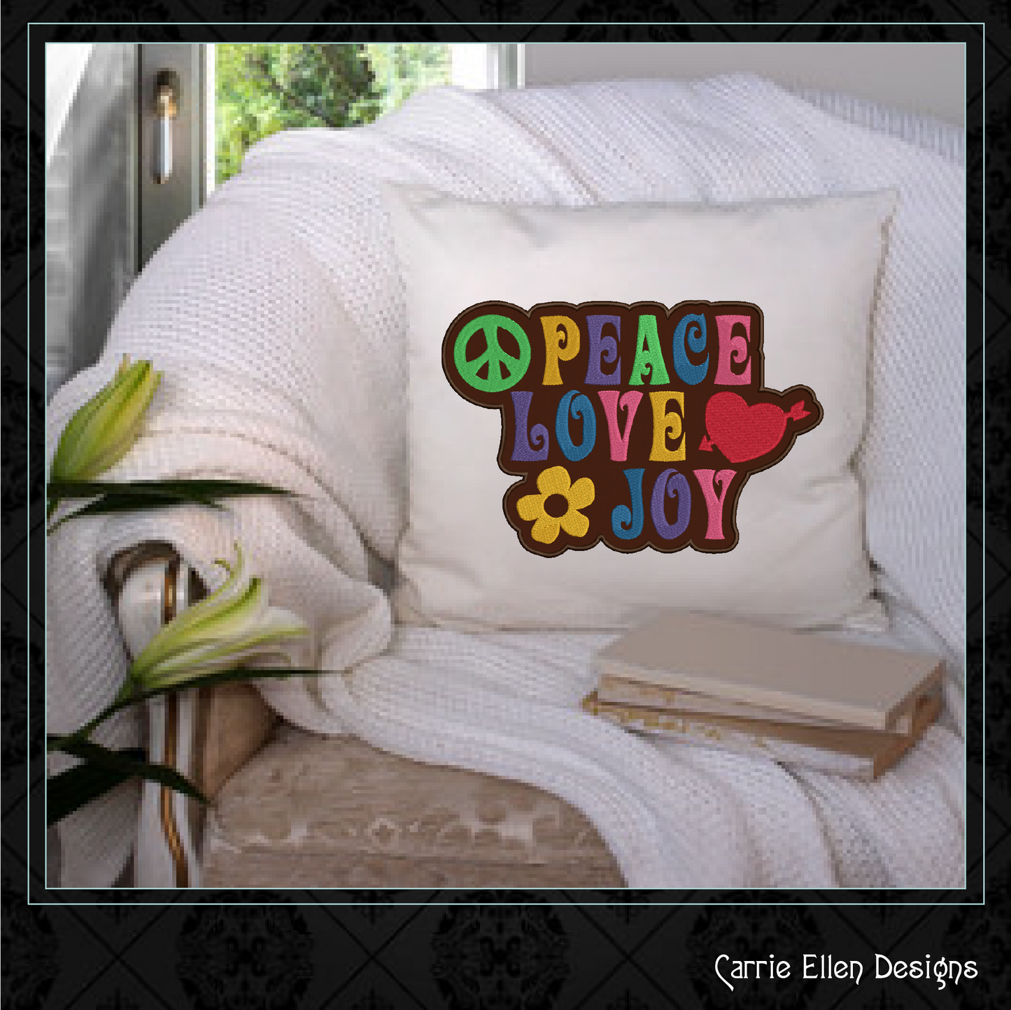Peace Love Joy Applique Machine Embroidery Design – Hippie 70s Retro Vintage Boho Design (1008)