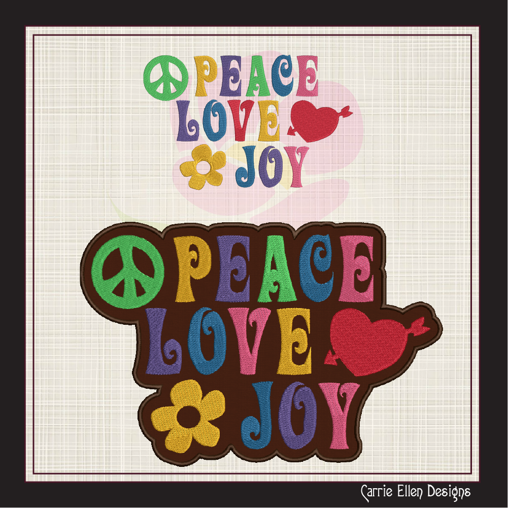 Peace Love Joy Applique Machine Embroidery Design – Hippie 70s Retro Vintage Boho Design (1008)