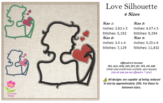 Love Silhouette Machine Embroidery Design – Woman Holding Hearts, Romantic Valentine’s Day Pattern, 4 Sizes (0474)