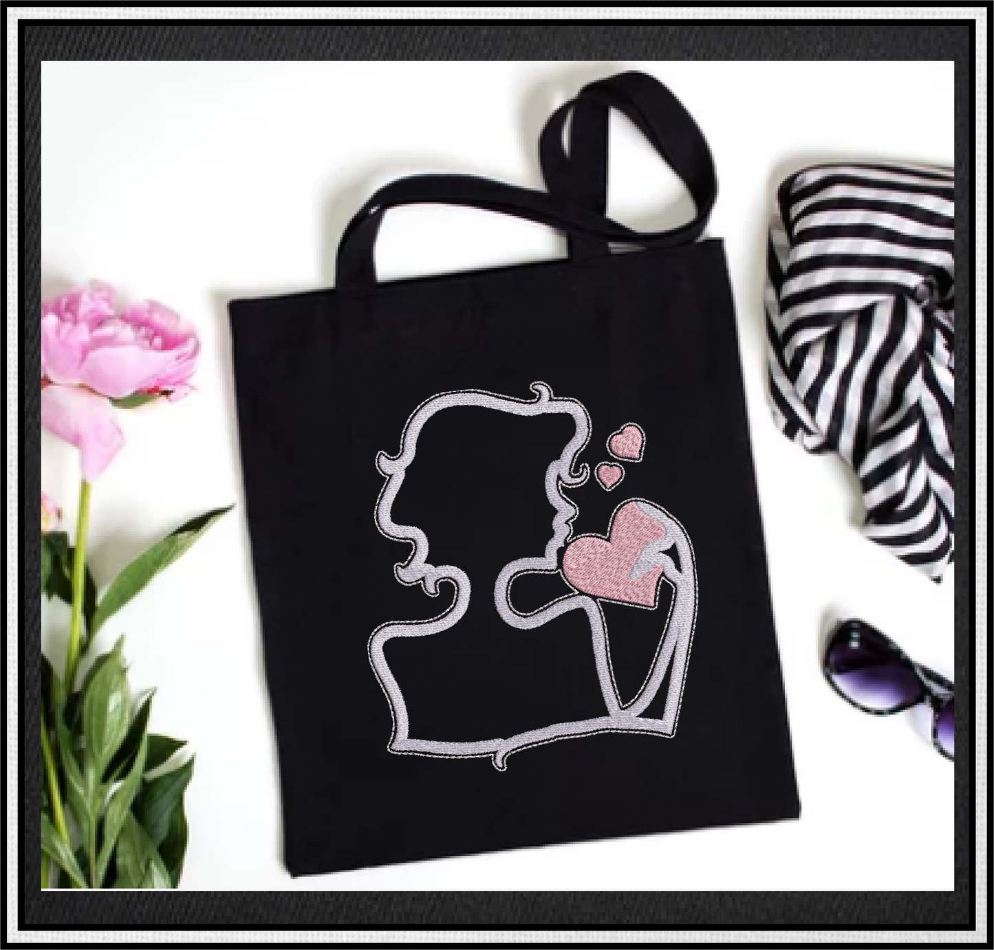 Love Silhouette Machine Embroidery Design – Woman Holding Hearts, Romantic Valentine’s Day Pattern, 4 Sizes (0474)