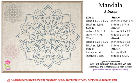Mandala Machine Embroidery Design – Lace Floral Line Art, Spiritual Flower Embroidery, 8 Sizes (0312)