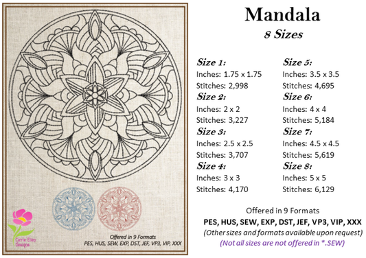 Mandala Machine Embroidery Design – Lace-Inspired Floral Mandala, Spiritual Line Art Pattern, 8 Sizes (0558)