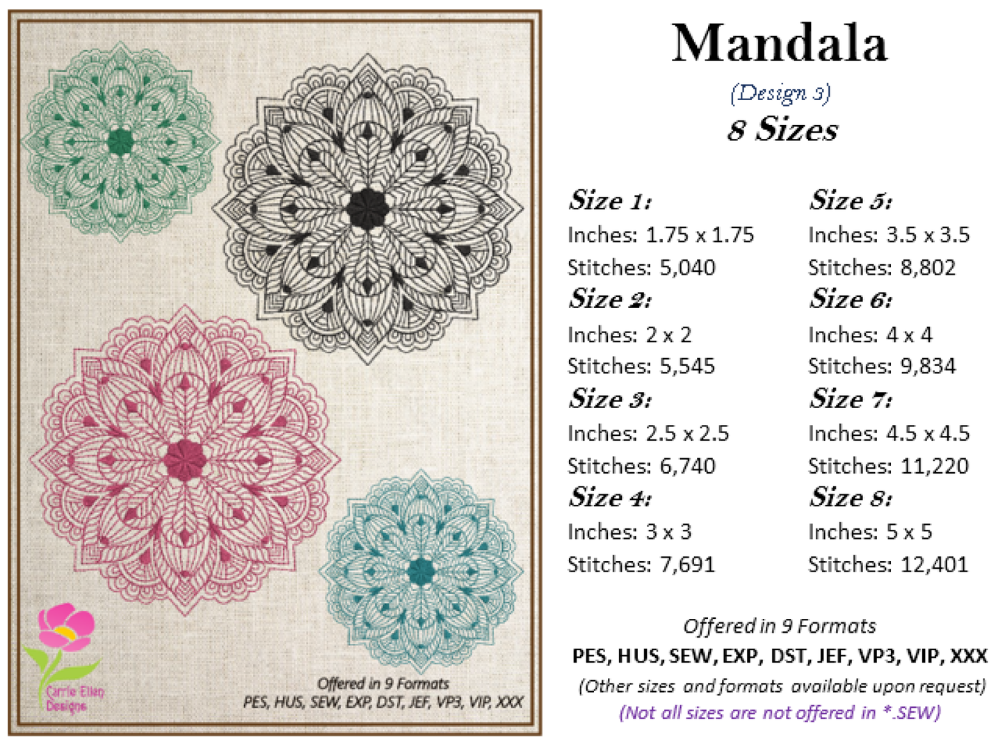 Mandala Machine Embroidery Design – Intricate Lace Floral Pattern, Spiritual Line Art Embroidery, 8 Sizes (0563)