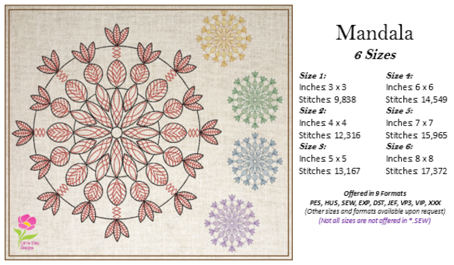 Mandala Machine Embroidery Design – Intricate Lace Floral Pattern, Spiritual Line Art Embroidery, 6 Sizes (0566)