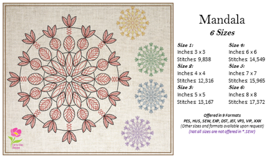 Mandala Machine Embroidery Design – Intricate Lace Floral Pattern, Spiritual Line Art Embroidery, 6 Sizes (0669)