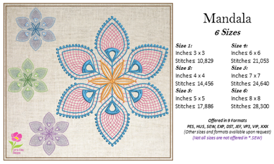 Mandala Machine Embroidery Design – Intricate Lace Floral Pattern, Spiritual Line Art Embroidery, 6 Sizes (0670)