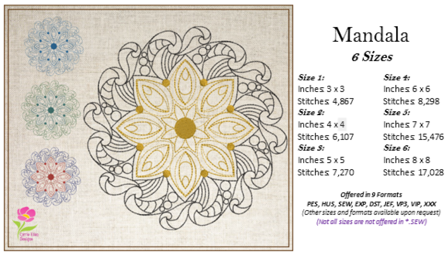 Mandala Machine Embroidery Design – Intricate Lace Floral Pattern, Spiritual Line Art Embroidery, 6 Sizes (0671)