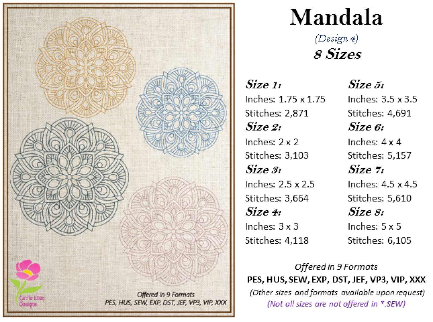 Mandala Machine Embroidery Design – Intricate Lace Floral Pattern, Spiritual Line Art Embroidery, 8 Sizes (0557)
