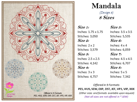 Mandala Machine Embroidery Design – Intricate Lace Floral Pattern, Spiritual Line Art Embroidery, 8 Sizes (0556)