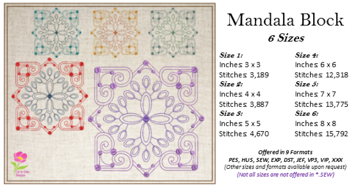 Mandala Block Embroidery Design – Pattern Swirls Line Art – Spiritual Machine Embroidery File, 6 Sizes (0677)