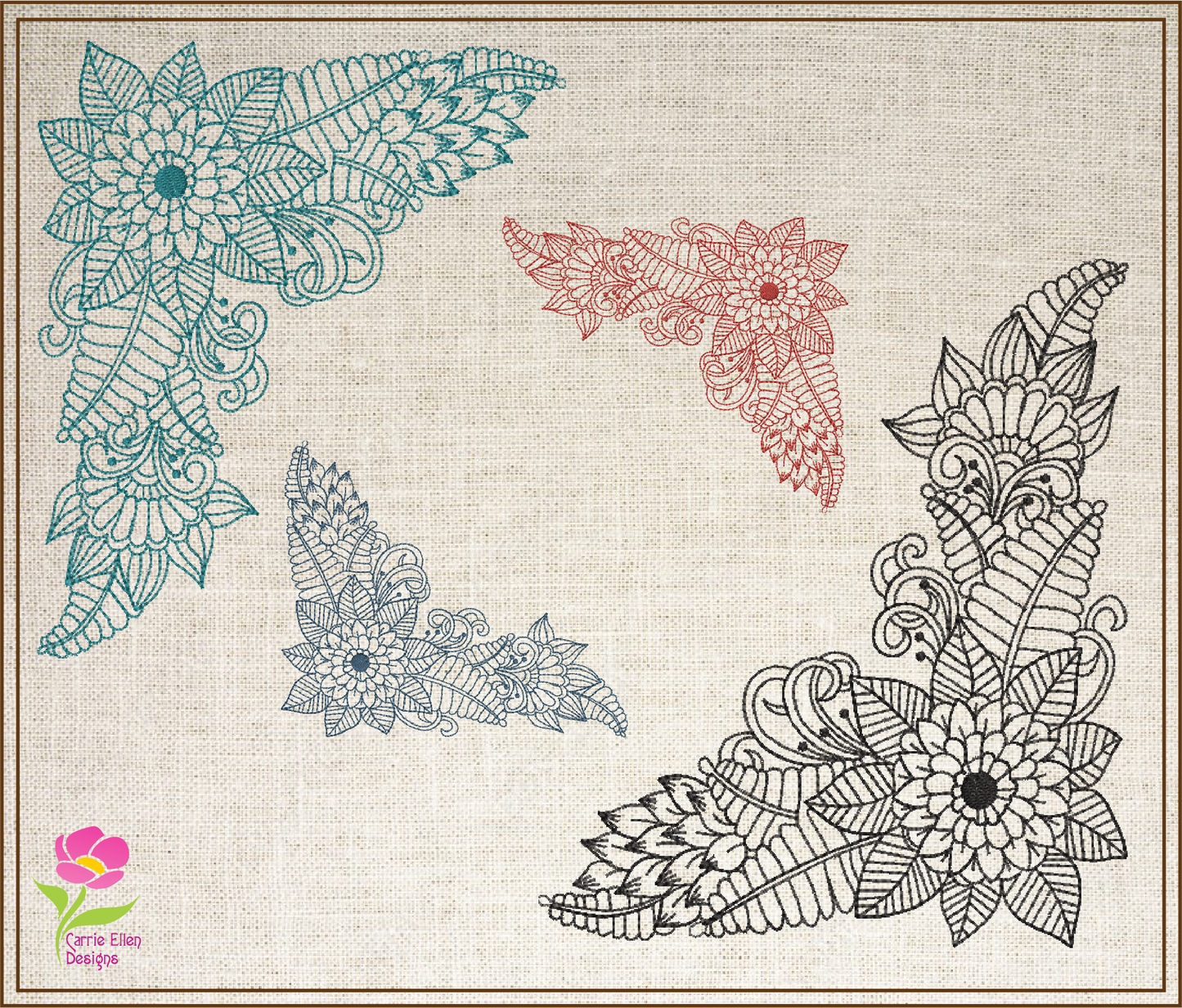 Mandala Flower Corner Embroidery Design – Monogram Stationery Element – Mandala Floral Line Art, 6 Sizes (0675)