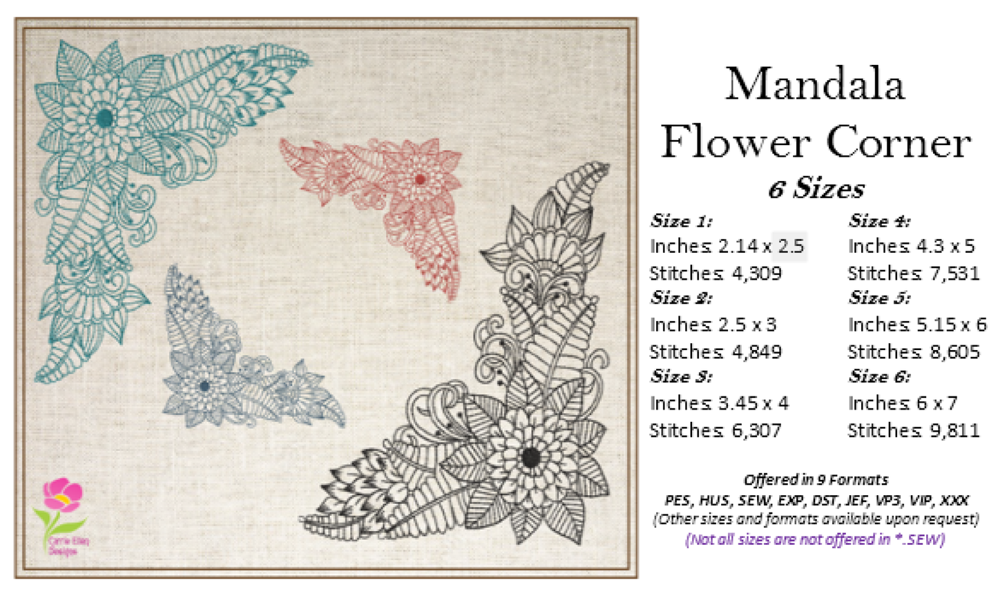 Mandala Flower Corner Embroidery Design – Monogram Stationery Element – Mandala Floral Line Art, 6 Sizes (0675)