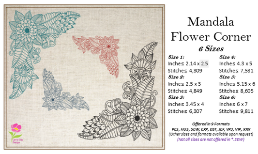 Mandala Flower Corner Embroidery Design – Monogram Stationery Element – Mandala Floral Line Art, 6 Sizes (0675)