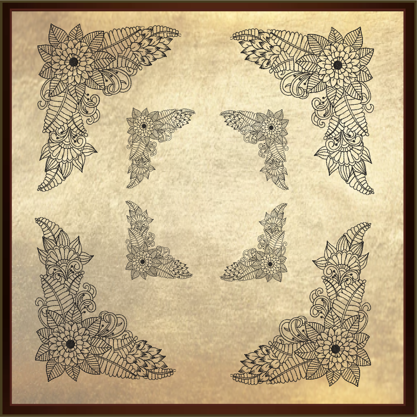 Mandala Flower Corner Embroidery Design – Monogram Stationery Element – Mandala Floral Line Art, 6 Sizes (0675)