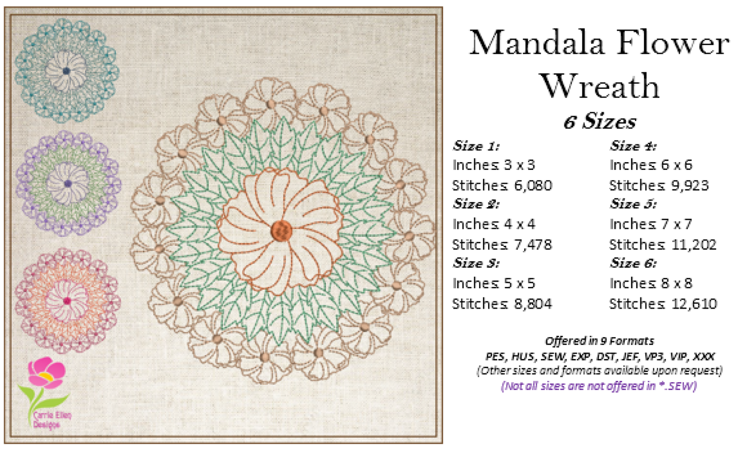 Mandala Flower Wreath Embroidery Design – Swirl Pattern Mandala Line Art – Spiritual Machine Embroidery File, 6 Sizes (0678)